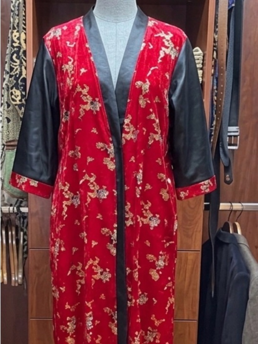 Red Velvet Floral Embroidered Kimono Duster Coat - Classic Longline
